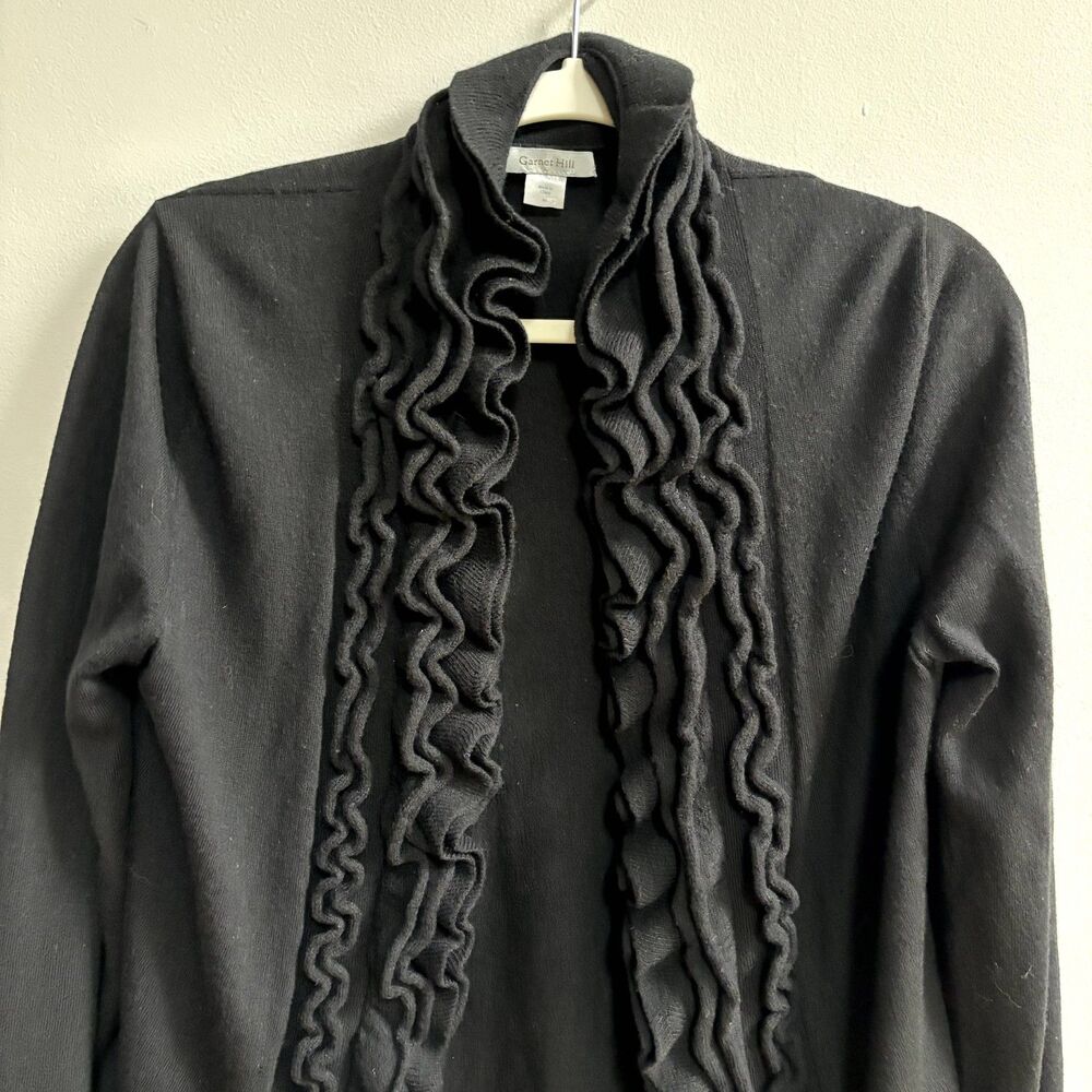 Garnet Hill 100% Merino Wool Cardigan Sweater Women's M Black Ruffle Open Front - Picture 7 of 7